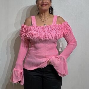 Kaelyn Max II Pink Pleated Off Shoulder Fringe Bell Sleeve Blouse Sz 1X NWT